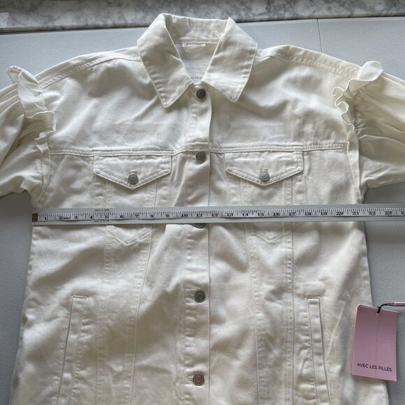 AVEC LES FILLES Oversized Denim Jean Jacket Off White Ruffled Feminine Sleeve M - Picture 7 of 16